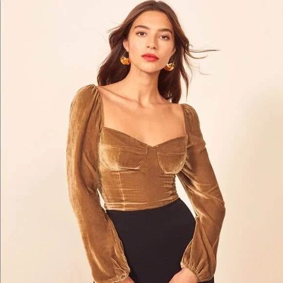 Reformation Women’s Mallory‎ Crushed Velvet Gold Corset Long-Sleeve Sz 0 - Picture 1 of 8